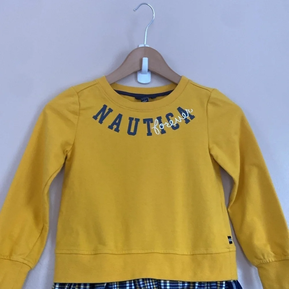 Nautica -Girls’ Sweatshirt Dress Yellow & Plaid, Long Sleeve, Preppy Style